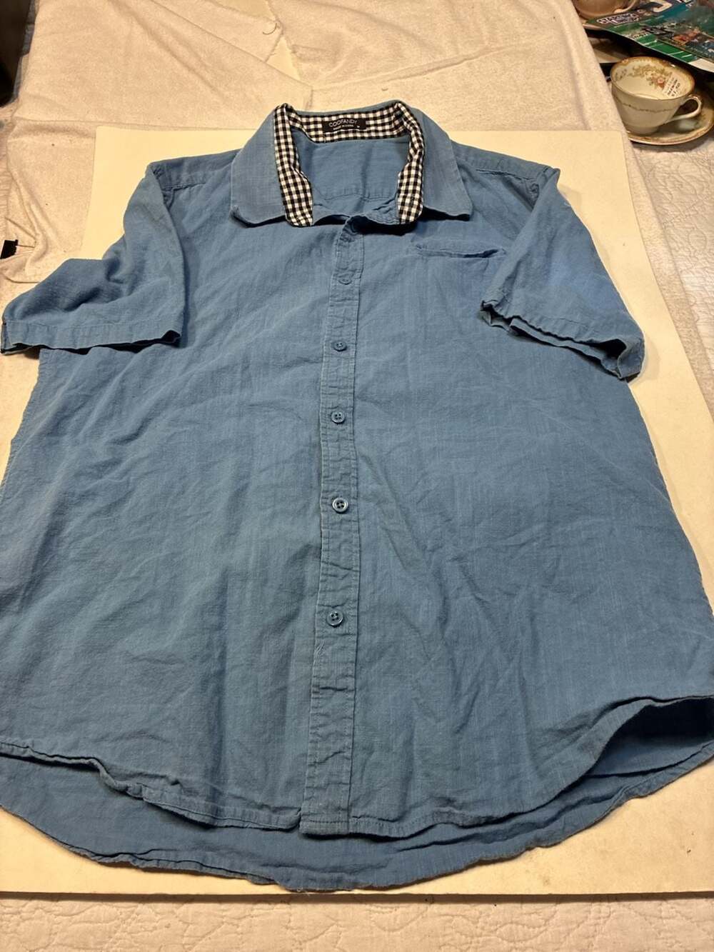 COOFANDY Men's Blue Short Sleeve Button Down Shirt with Gingham Collar Size M